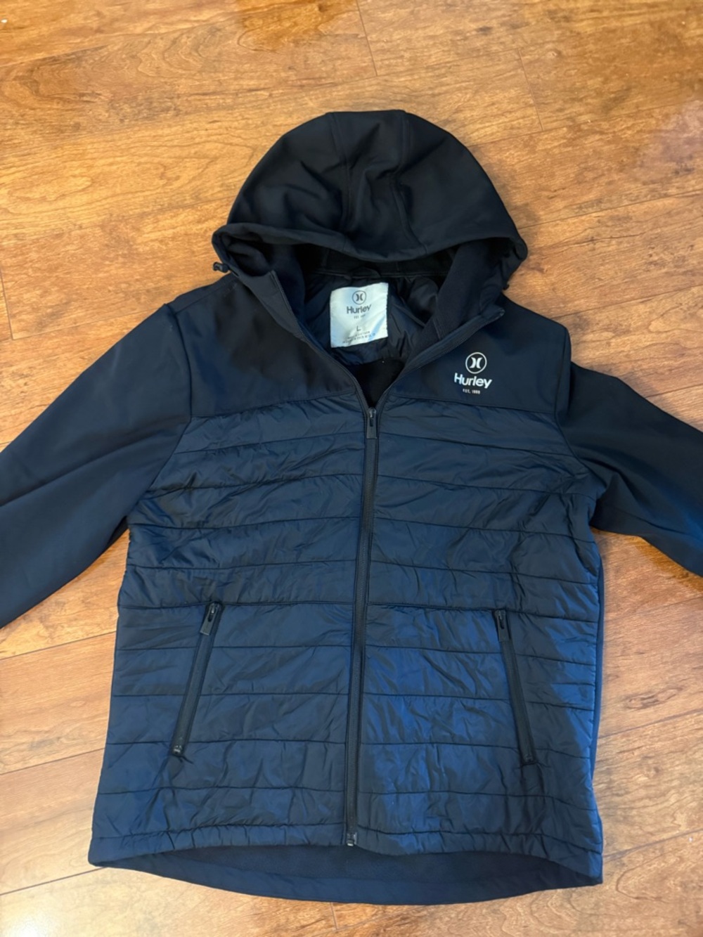 Hurley Black Quilted Hooded Puffer Jacket with Logo